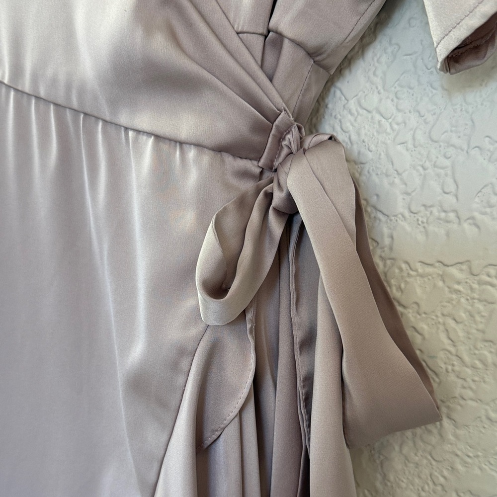 Satin‎ Wrap Dress in Champagne With Ruffled Asymmetric Hem - Picture 15 of 16